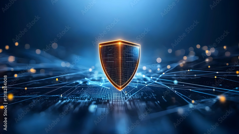 Poster glowing shield centered on a blue circuit board background representing digital security and protect
