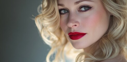Fototapeta premium Beautiful blonde woman with long hair, perfect makeup, and red lips lying on the floor.