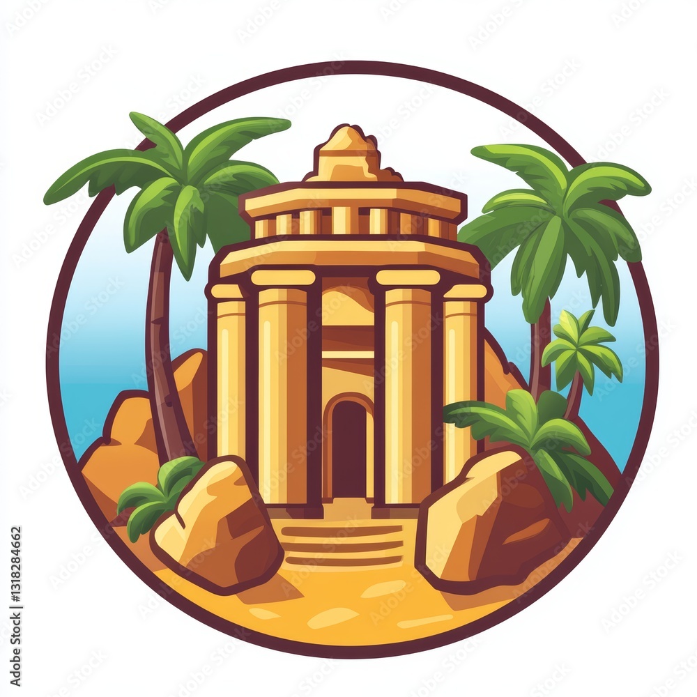 Poster building with a palm tree in front of it. the building is a temple. the palm tree is green and tall
