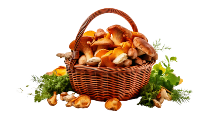 Freshly picked mushrooms in a wicker basket on a white background, ideal for culinary and natural themes.