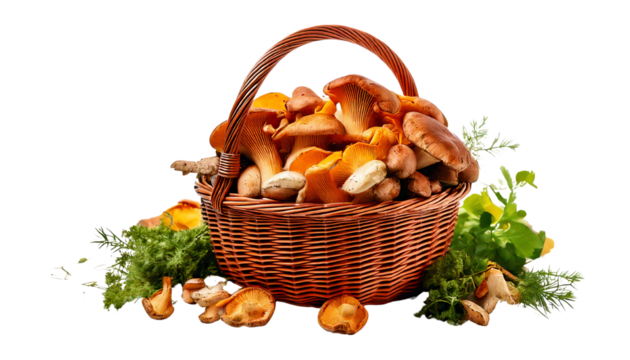 Freshly picked mushrooms in a wicker basket on a white background, ideal for culinary and natural themes.