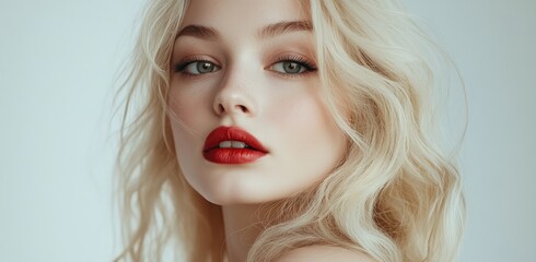 Fototapeta premium Beautiful blonde woman with long hair, perfect makeup, and red lips lying on the floor.