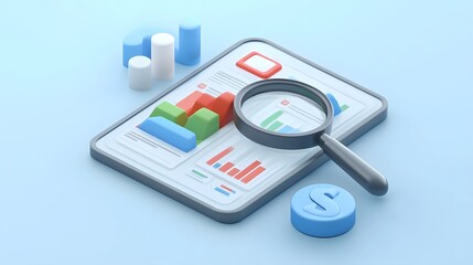 High tech financial analysis concept in 3D style featuring business reports magnifying glass over financial charts and interactive data in a corporate digital environment