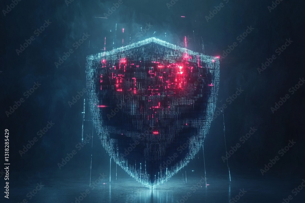 Poster this digital artwork features a shield composed of glowing pixels and glitch effects, symbolizing se