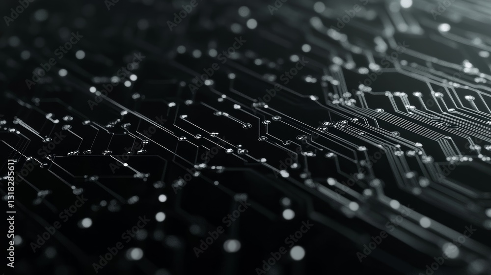 Poster a black and white image of a circuit board with many small dots. concept of complexity and intricacy