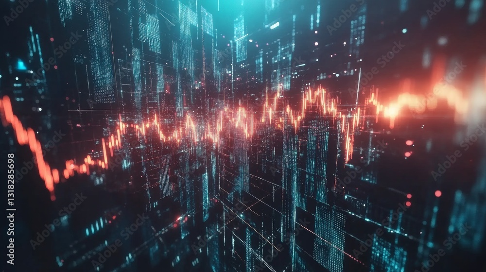 Poster futuristic data visualization with dynamic graph and neon colors representing market trends