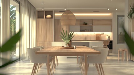 Fototapeta premium Sleek modern Scandinavian dining area with a natural wood dining table, elegant neutral chairs, and soft lighting.