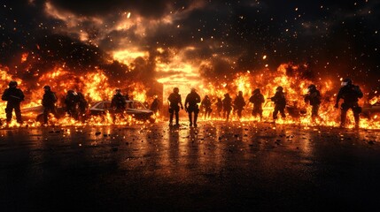 Fototapeta premium A diverse group of individuals standing resolutely in front of a large fire during intense revolutionary protests captured