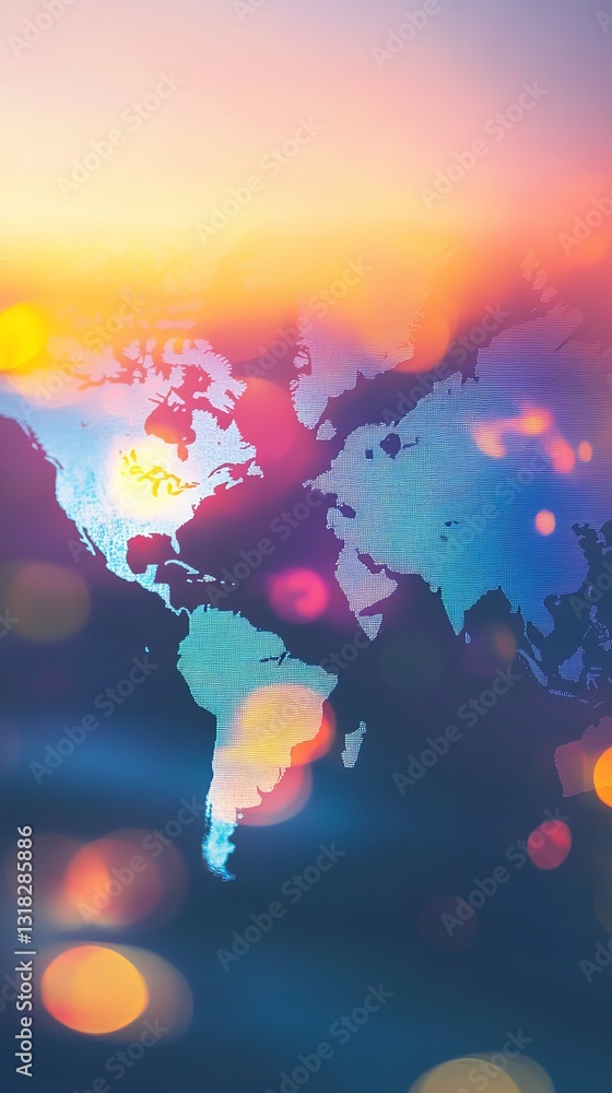Canvas Prints beautifully illuminated world map features vibrant sunset hues and bokeh effects, creating a stunnin