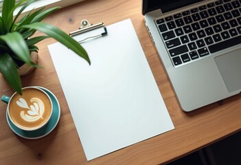 A4 paper mockup on clipboard with laptop and coffee.