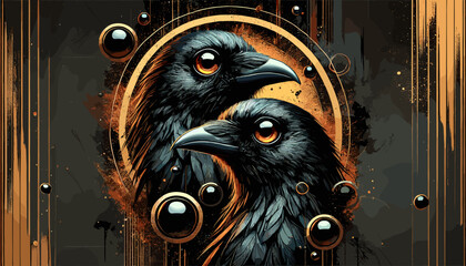 Dark fantasy digital painting of two ravens with glowing orange eyes, surrounded by abstract gold and black elements, mysterious aura, gothic style, surreal atmosphere, bold contrast.