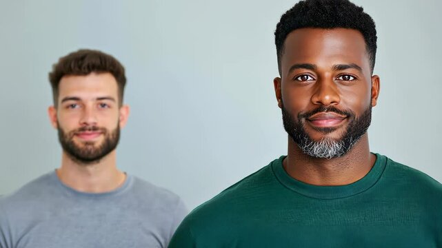 Portrait of Confident Transman Promoting Men's Health Awareness Featuring Two Individuals with Focus on Diversity and Inclusion Against Neutral Background