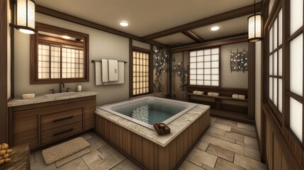 Spa-style luxury bathroom with a Japanese soaking tub, stone textures, and soft diffused lighting.