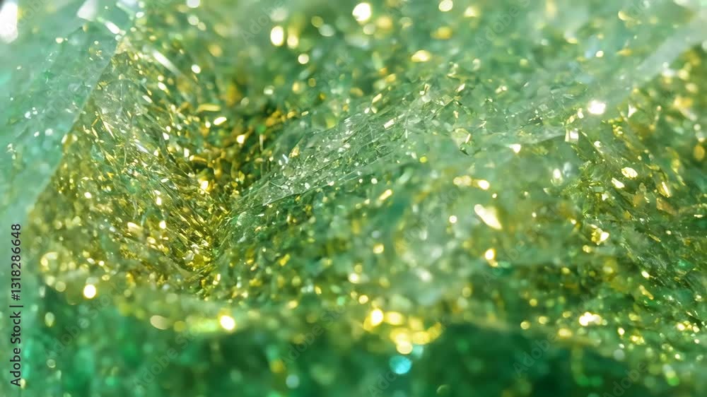 Poster close-up of sparkling green rutilated and gold crystals, creating a shimmering abstract mineral patt