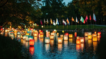 A floating lantern festival with flags incorporated into the designs
