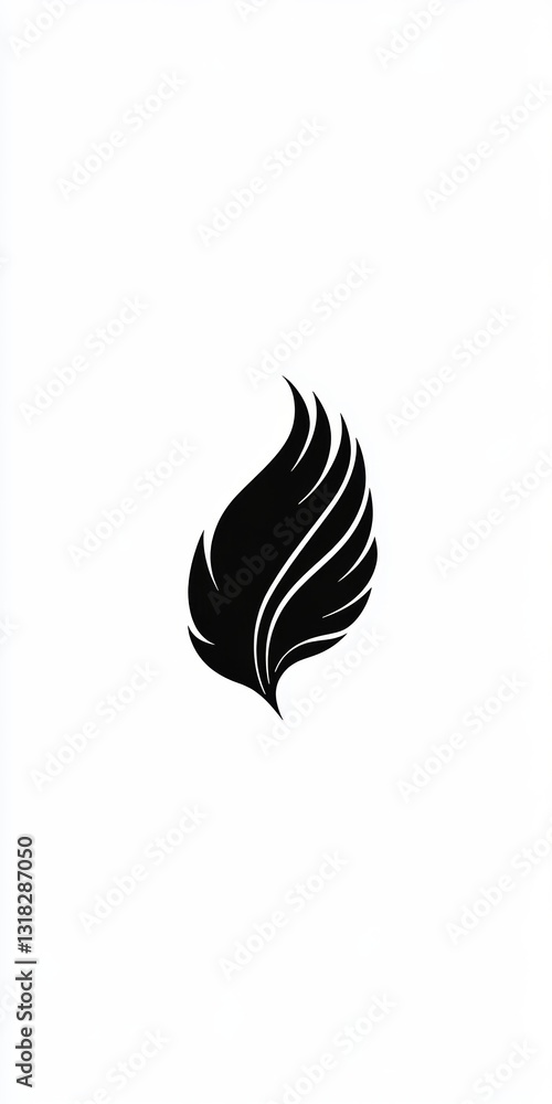 Poster black feather with white tips. the feather is curled and has a sharp point. the feather is the main 