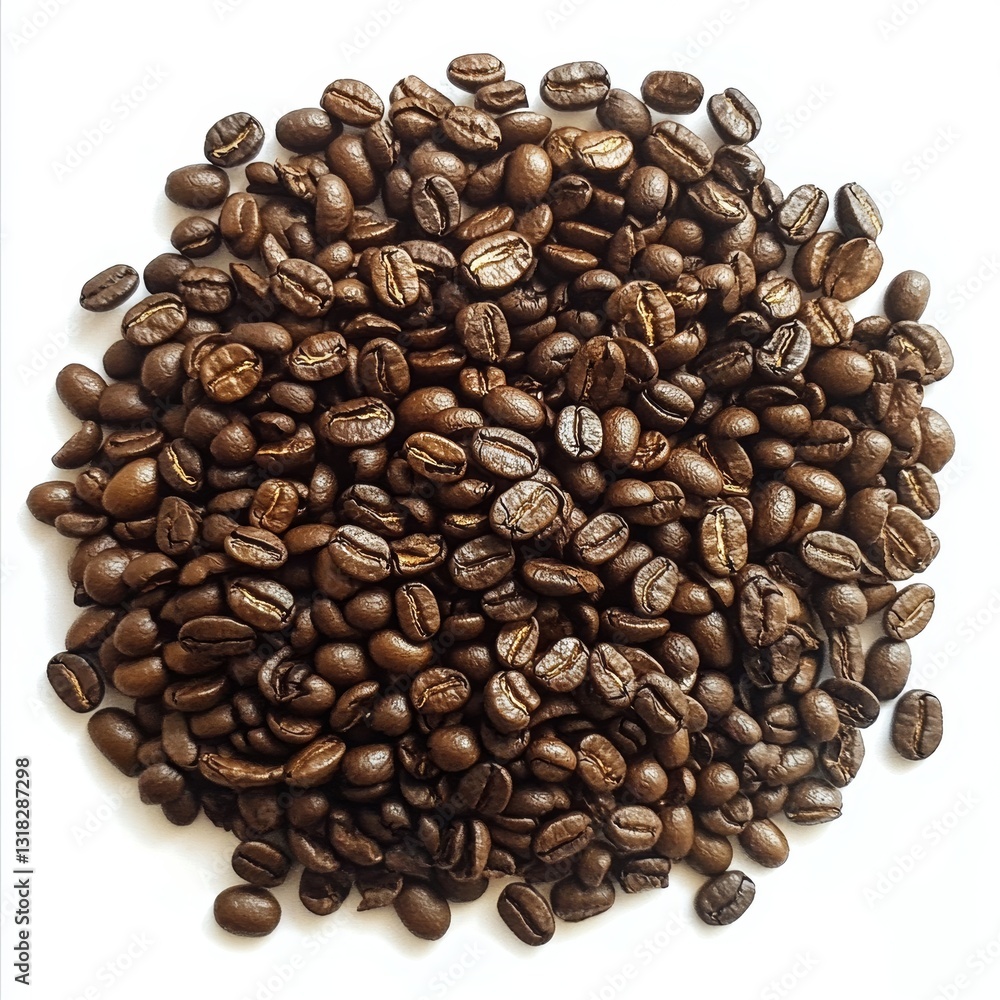 Poster pile of coffee beans on a white background. the beans are of different sizes and are spread out in a