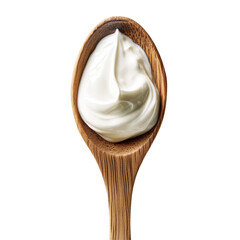 Yogurt in a wooden spoon isolated against a clean transparent background for a fresh and natural presentation, yogurt in wood spoon isolated on transparent background