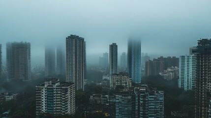 Fototapeta premium A foggy city skyline with only the tallest buildings visible