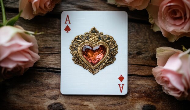 Ace of hearts playing card with ornate gold heart detail, surrounded by pink roses on a rustic wooden background