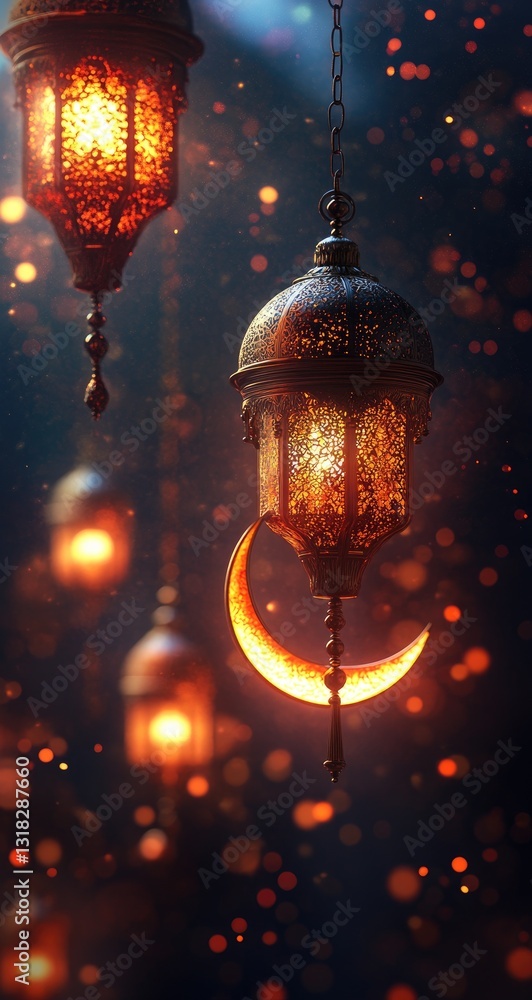 Poster an array of ornate lanterns with intricate designs illuminate a dark setting with a warm glow and a 