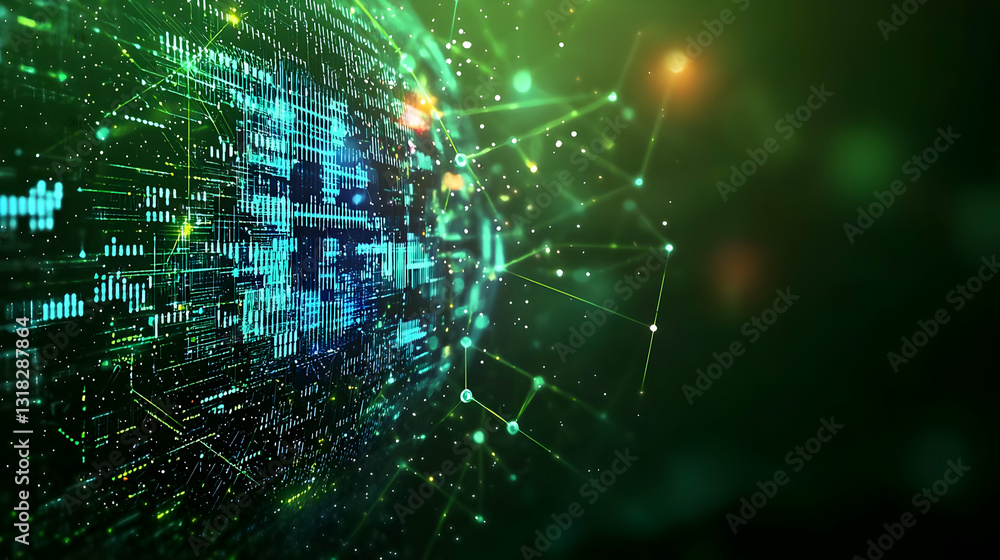 Poster abstract digital globe depicting data network connections with green and blue hues on dark backgroun