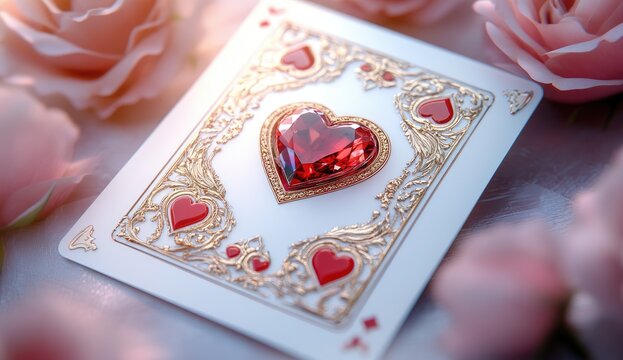 Close-up view of a playing card featuring a large red gemstone heart in an ornate gold frame, surrounded by pink roses