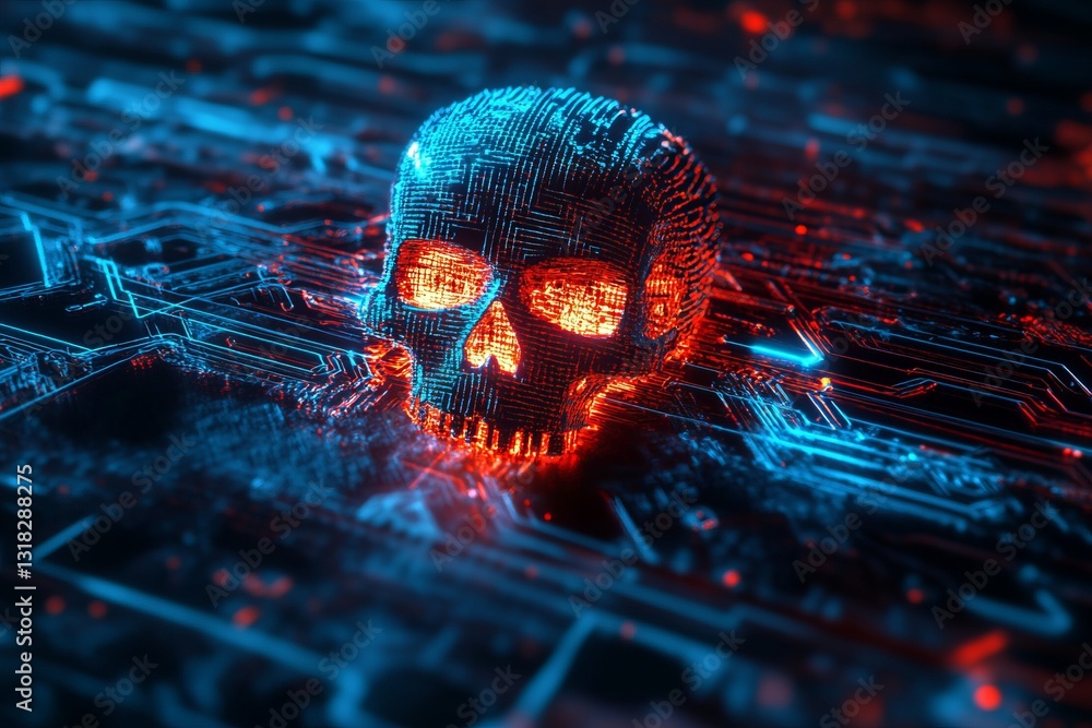 Canvas Prints a striking glowing skull rises from a dark digital landscape, showcasing intricate circuit patterns 