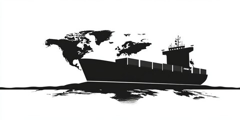 Fototapeta premium This illustration features a black silhouette of a cargo ship against a world map. It symbolizes global trade, shipping, and ocean transportation, ideal for maritime themes.