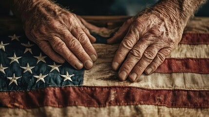 Fototapeta premium Close-Up of Weathered Hands on Vintage American Flag Fabric