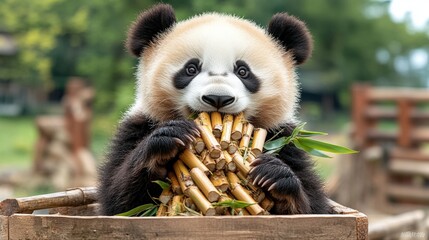 Obraz premium Delightful panda enjoying a selection of bamboo sticks in a softly lit studio environment with natural accents