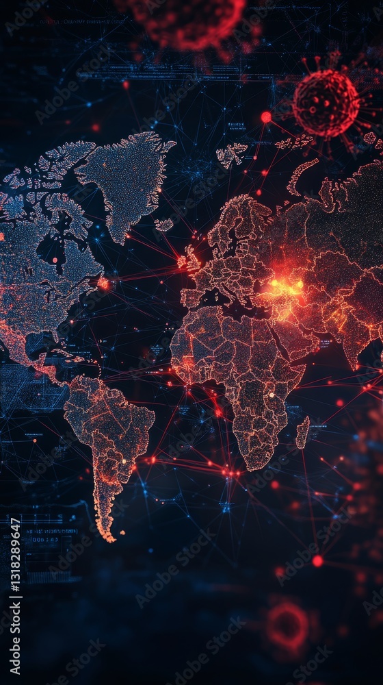 Poster a colorful, glowing map of the world with a red dot in the middle. the map is filled with lines and 