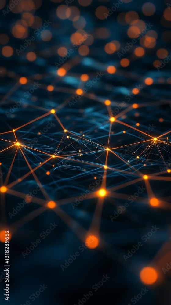 Poster a close up of a blue and orange background with many small dots. the dots are connected to each othe