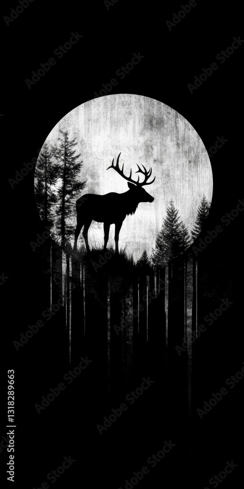 Poster deer standing in front of a moonlit forest. the image has a mood of serenity and calmness