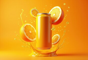 Beverage packaging mockup with golden can and orange splash.