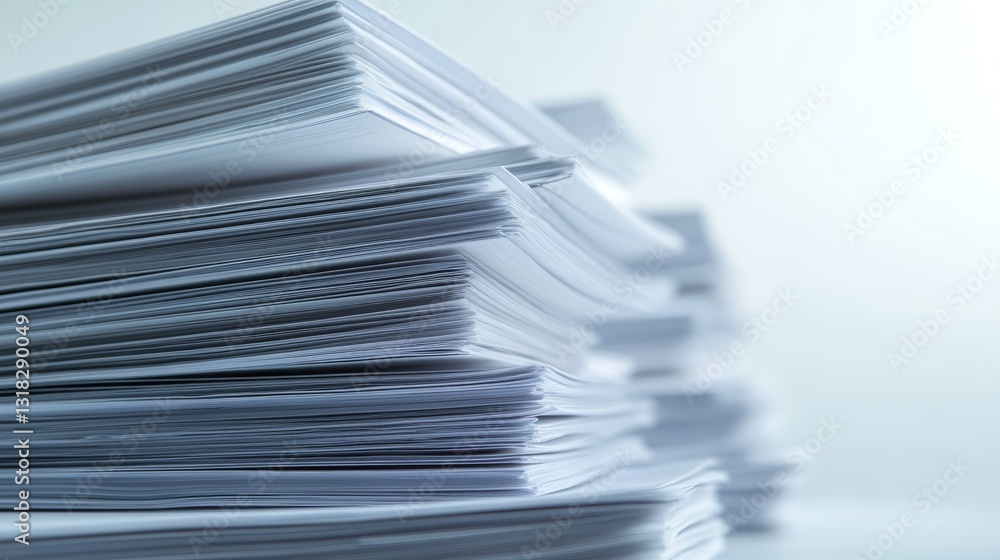 Aufkleber a close-up view of a neatly arranged stack of blank documents on a soft blue background, perfect for
