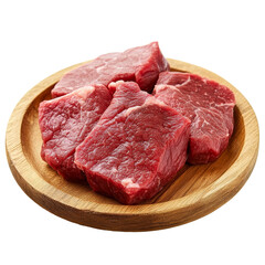 Obraz premium Fresh raw beef cuts on a wooden plate ready for cooking in a clean kitchen setting, fresh raw beef meat on wooden plate isolated on transparent background