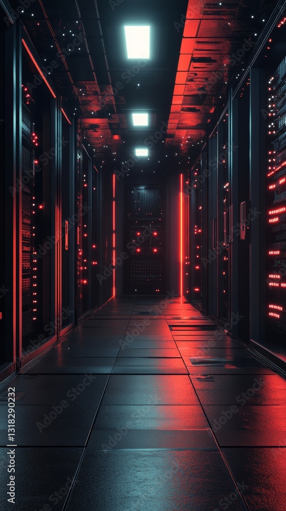 Poster a striking view of a futuristic server room illuminated by red lights, showcasing advanced computing