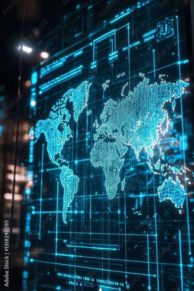 Poster a high-tech digital map interface featuring bright blue lines against a dark background. ideal for i