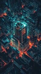 Captivating aerial view of a futuristic cityscape radiating with vibrant neon lights at night, showcasing modern architecture amidst a digital ambiance.