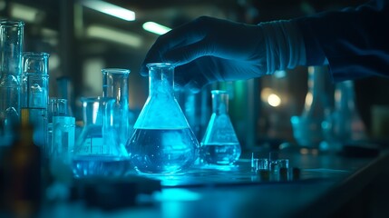 Researcher examining mysterious blue chemical pictures