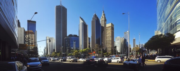 A wide urban street lined with tall skyscrapers and traffic