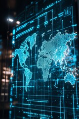 Naklejka premium A high-tech digital map interface featuring bright blue lines against a dark background. Ideal for illustrating technology, data analytics, and global connectivity.
