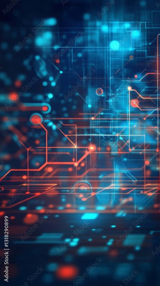 Poster a blue and red background with a lot of dots and lines. the background is a representation of a comp