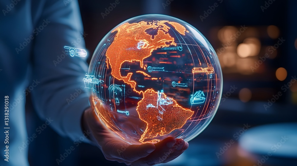 Poster futuristic technology globe with data visualizations in hand