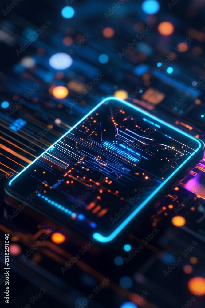 Canvas Prints futuristic smartphone set against a vibrant abstract circuit board background with neon lights