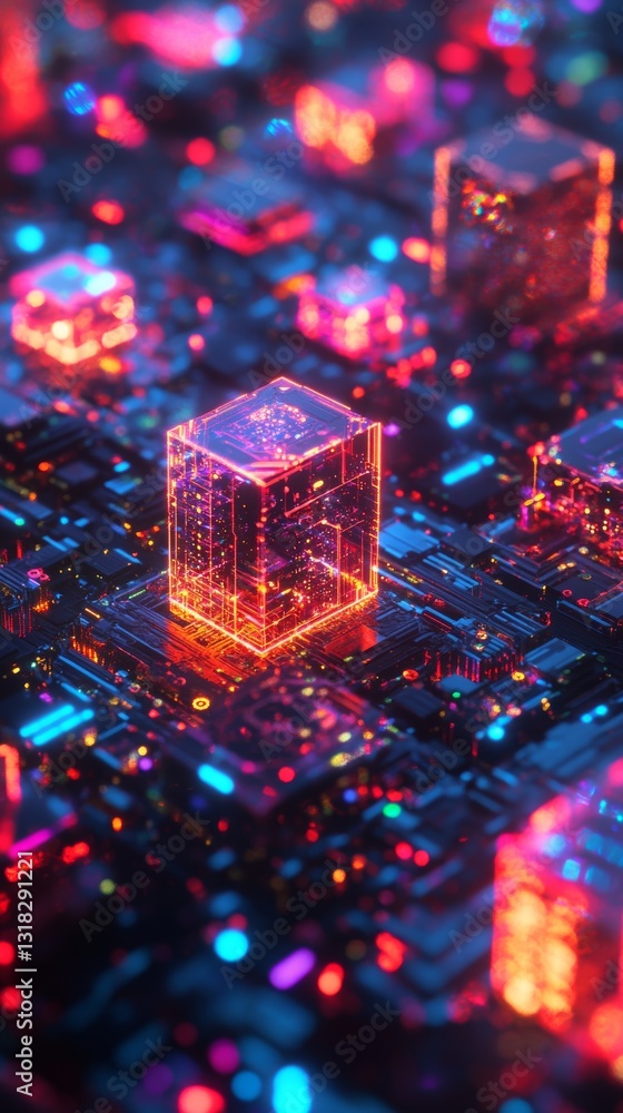 Poster a colorful image of a cityscape with many glowing cubes. the image has a futuristic and vibrant mood