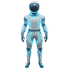 Fototapeta premium Standing Figure Wearing Futuristic Suit with Glowing Blue Details on White, Space Exploration and Sci Fi Concepts Concept