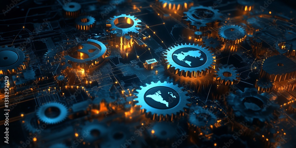 Poster a stunning visual of gears interconnecting with circuit patterns, representing innovation in technol