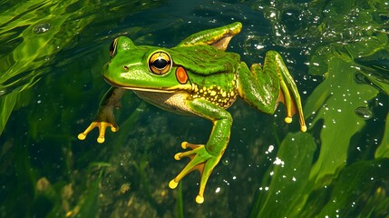 Colorful Green Frog Swimming in Clear Water Surrounded by Plants